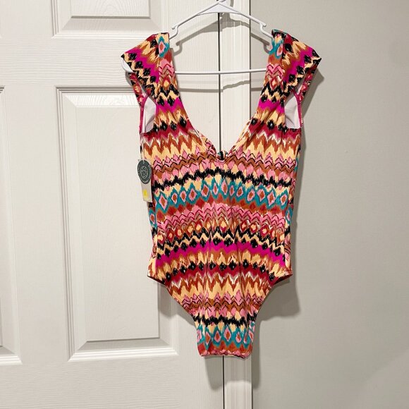 NWT Boden Aztec Print Cap Sleeve Tie Front One Piece Swimsuit Size 8 - Picture 7 of 9